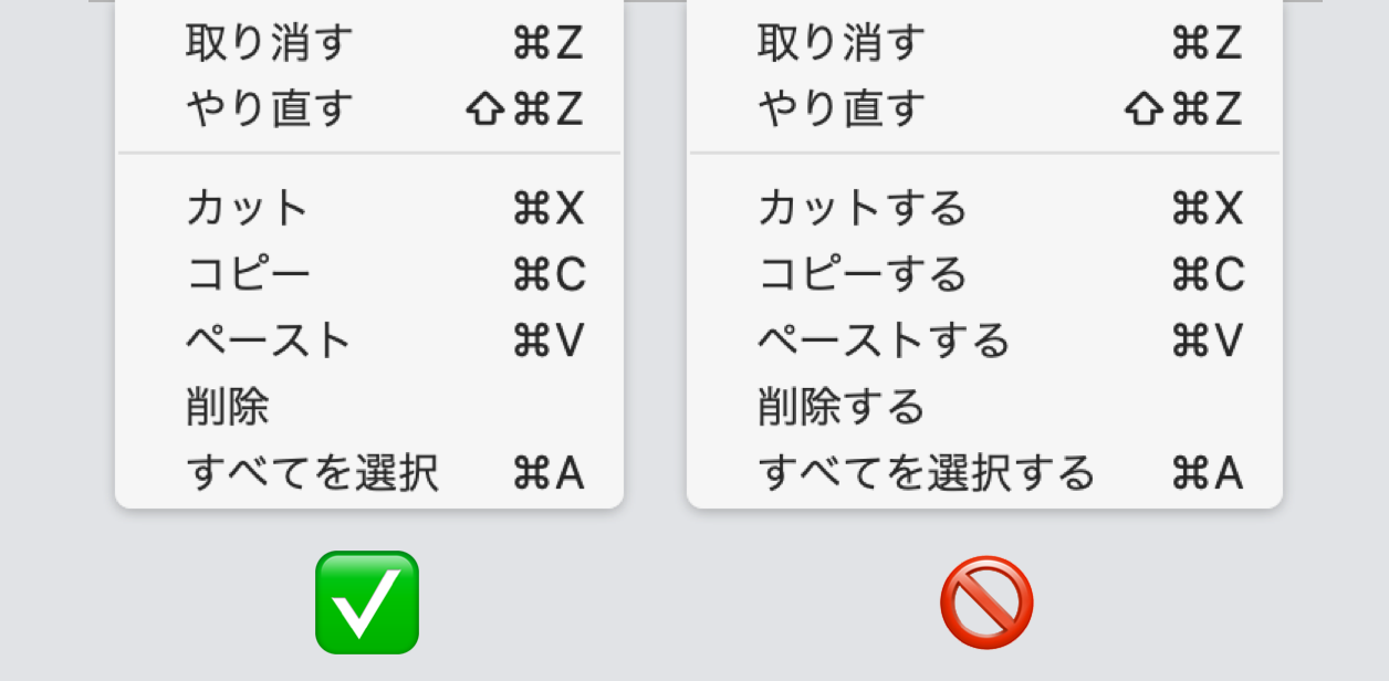 すべてのメニュー項目の「する」がついている誤った例